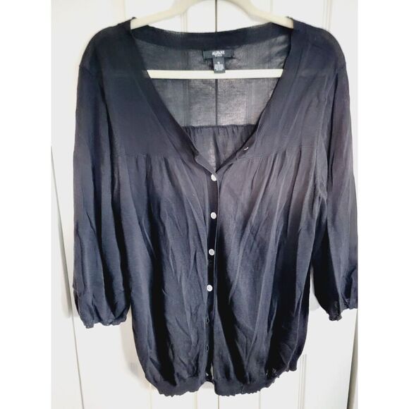 Alfani 1X Cardigan Sweater Black Knit 3/4 Sleeves Button Front Ltwt Rayon/Cotton - Picture 2 of 7